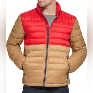 Tommy Hilfiger Red and Tan Puffer Coat with Color Block Design